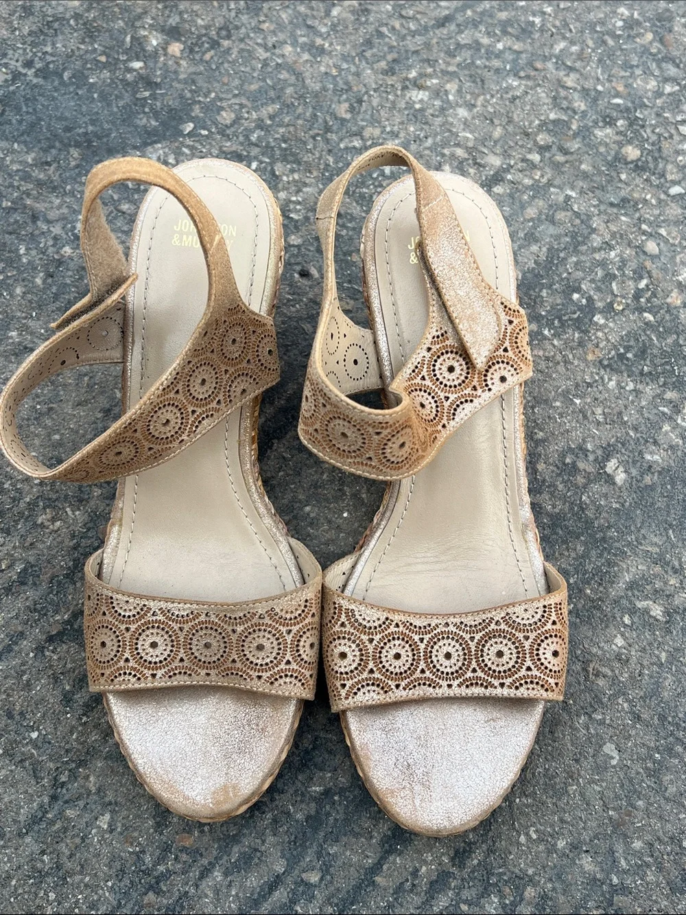 Johnston & Murphy  Georgiana Women’s Tan Wedge Sandals with Laser-Cut Straps